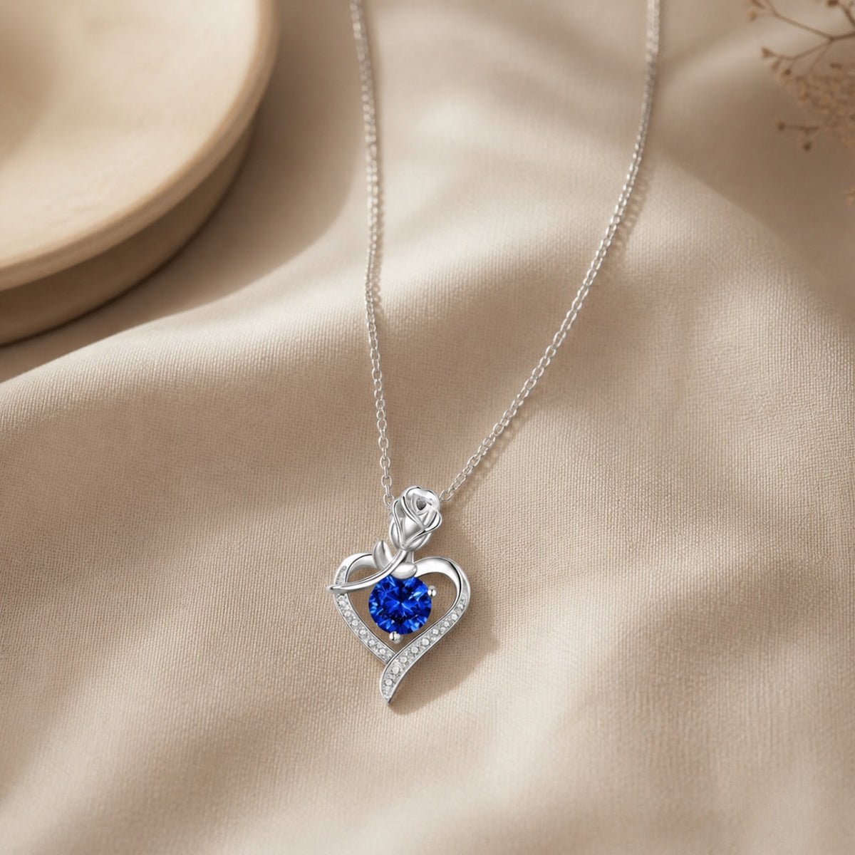 June - Blue Heart and Rose Pendant Necklace