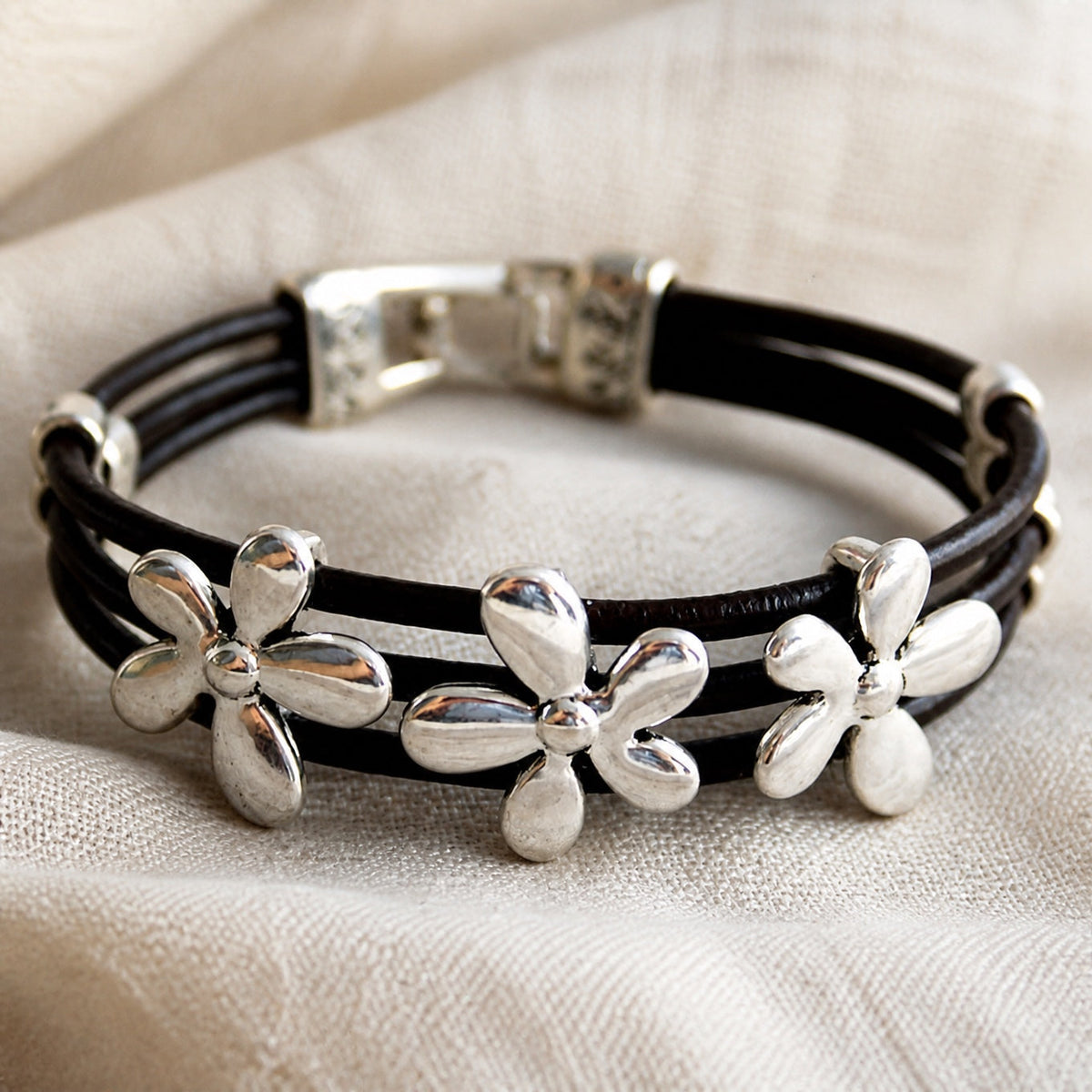 Lacey - Silver Flower Cord Bracelet