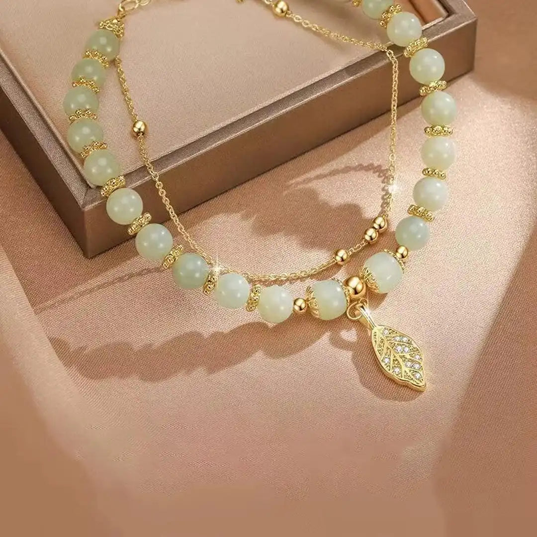 Eunice - Green Bead Leaf Charm Bracelet