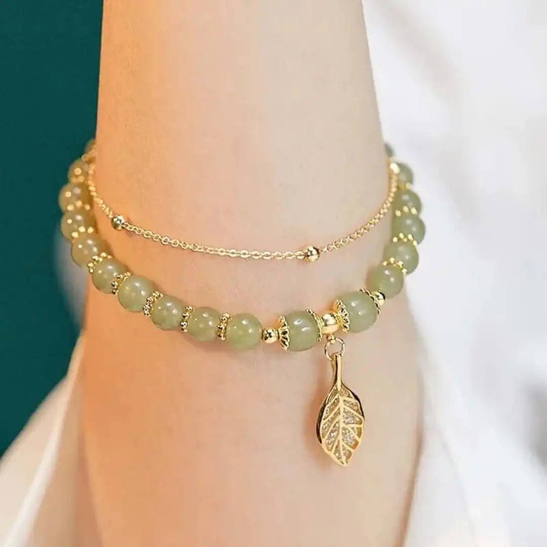 Eunice - Green Bead Leaf Charm Bracelet