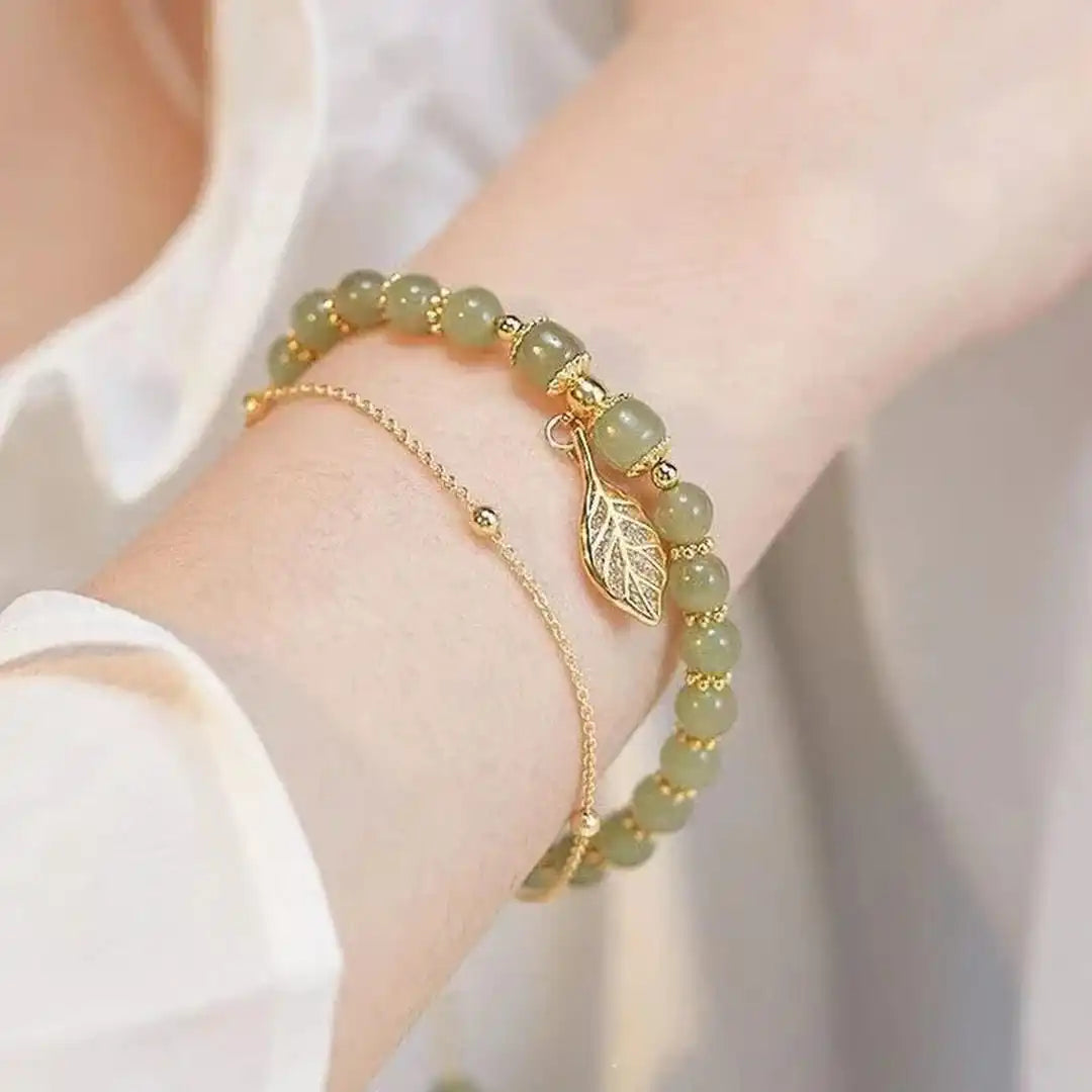 Eunice - Green Bead Leaf Charm Bracelet