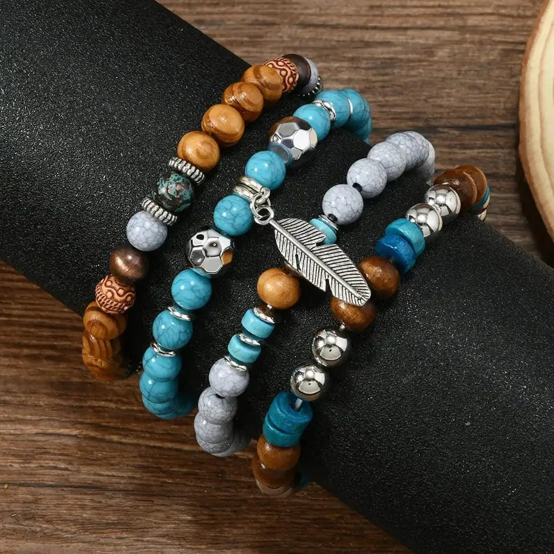 Renee - Bead and Feather Bracelet Stack