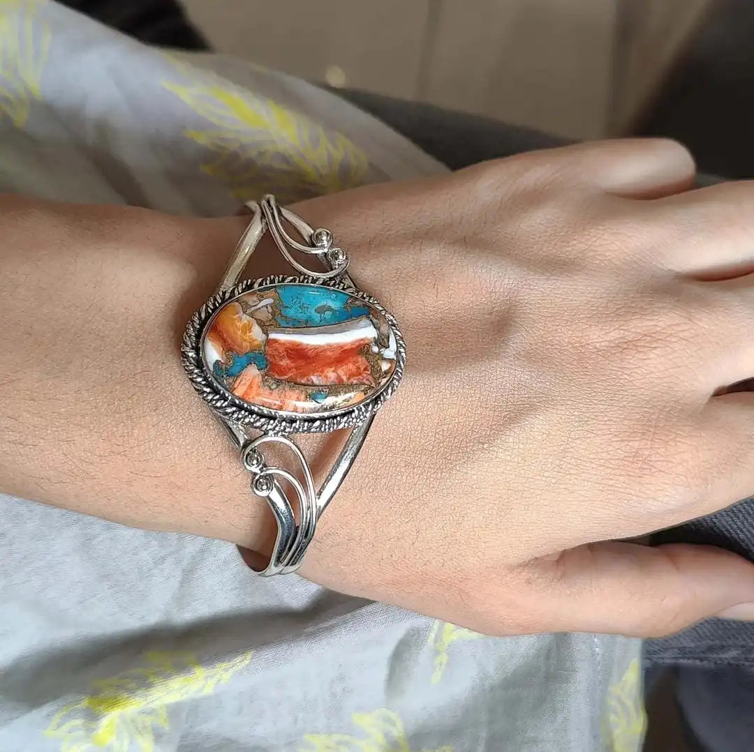 Kristin - Blue and Orange Stone Cuff Bracelet