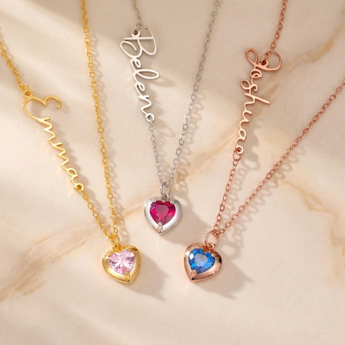 Paula - Sideways Name Necklace with Heart Birthstone