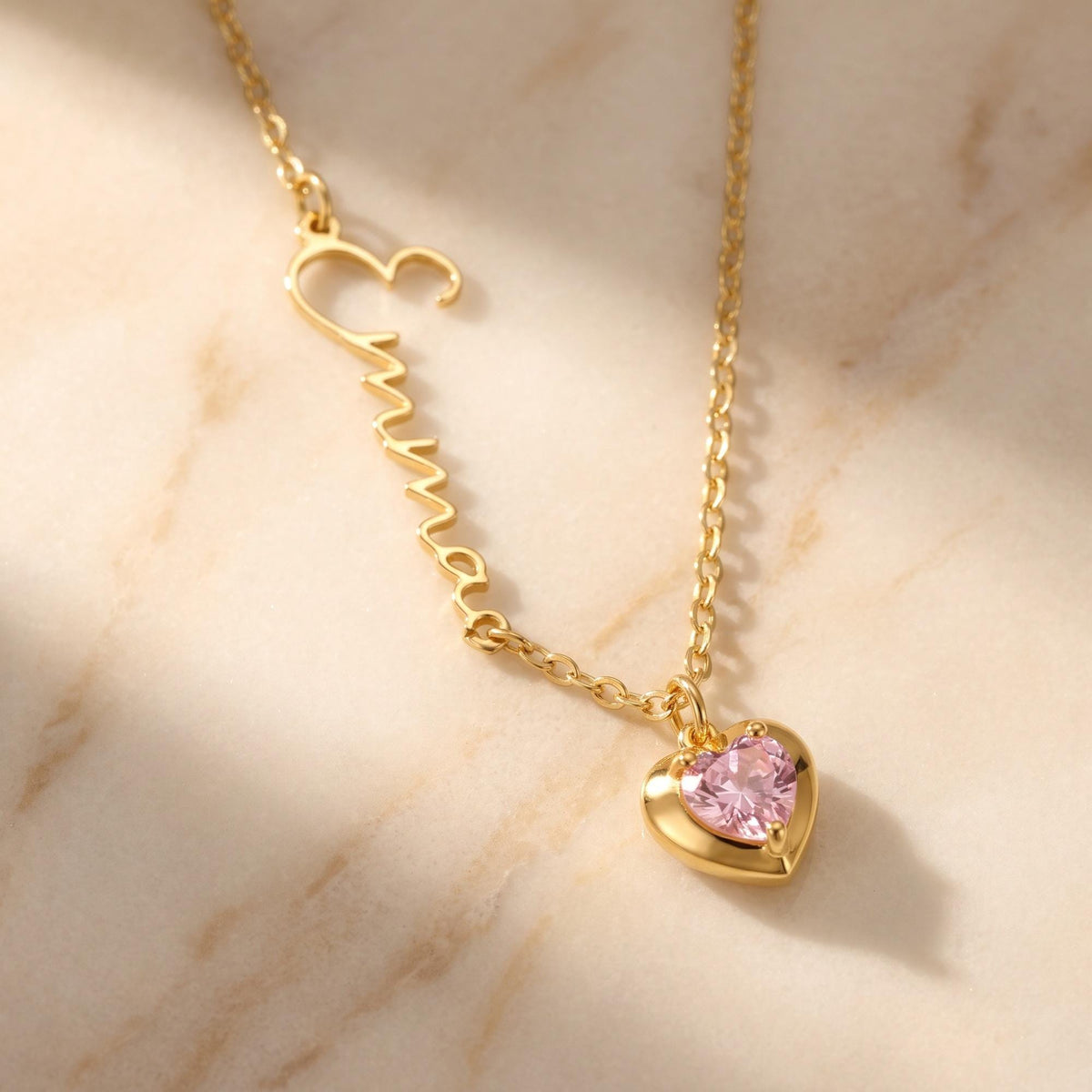 Paula - Sideways Name Necklace with Heart Birthstone