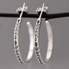 Ivy - Engraved Leaf Silver Hoop Earrings