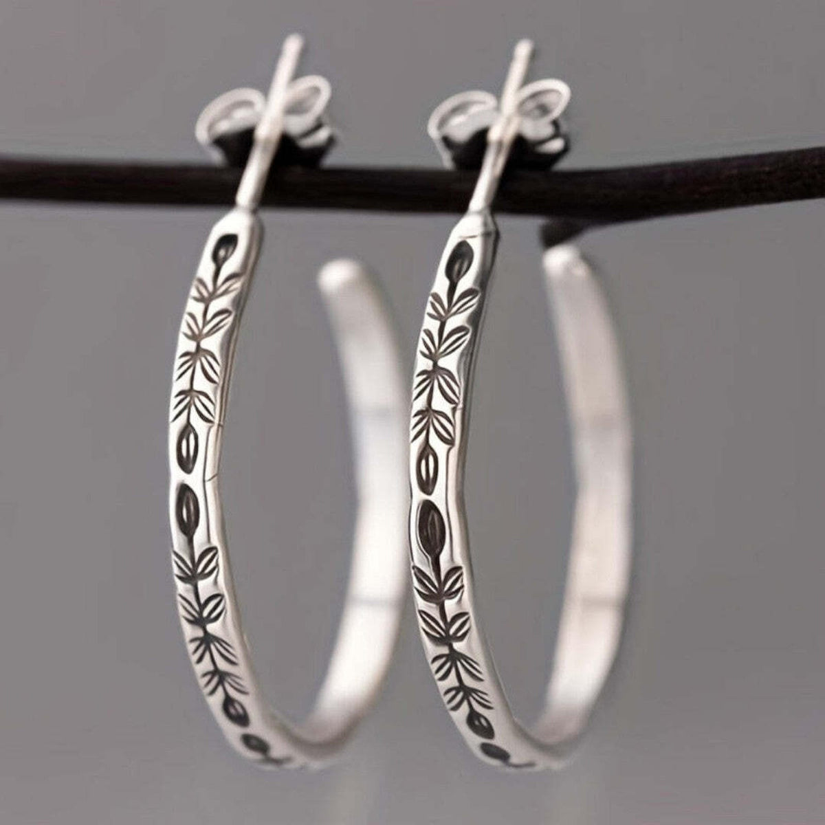 Ivy - Engraved Leaf Silver Hoop Earrings