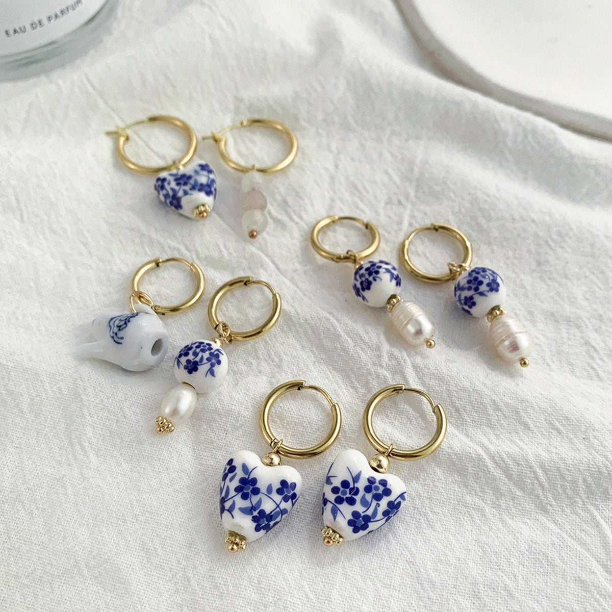Allegra - Blue and White Heart Hoop Earrings