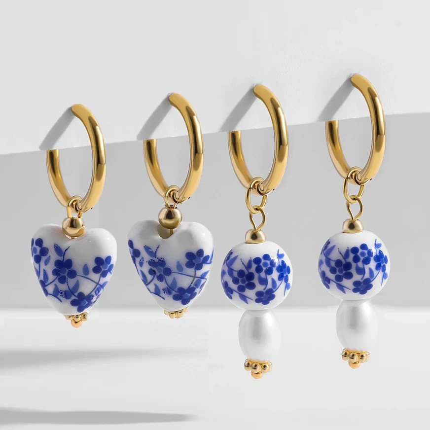 Allegra - Blue and White Heart Hoop Earrings