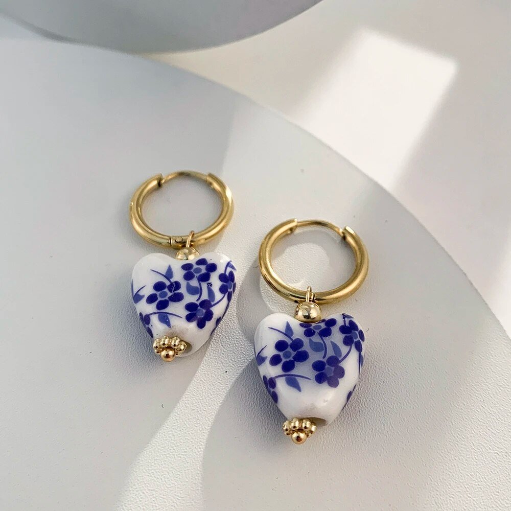 Allegra - Blue and White Heart Hoop Earrings