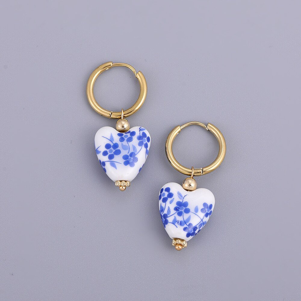 Allegra - Blue and White Heart Hoop Earrings
