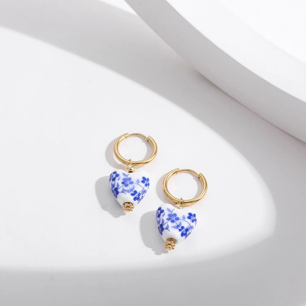 Allegra - Blue and White Heart Hoop Earrings