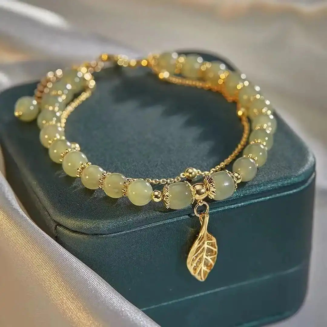 Eunice - Green Bead Leaf Charm Bracelet