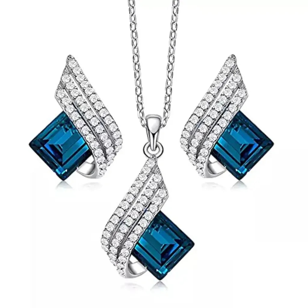 Claudia - Blue Square Stone Necklace and Earrings Set
