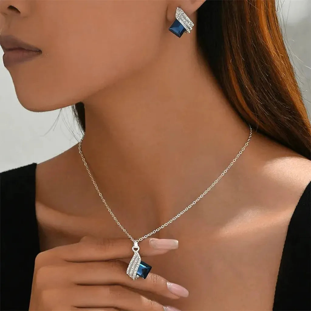 Claudia - Blue Square Stone Necklace and Earrings Set