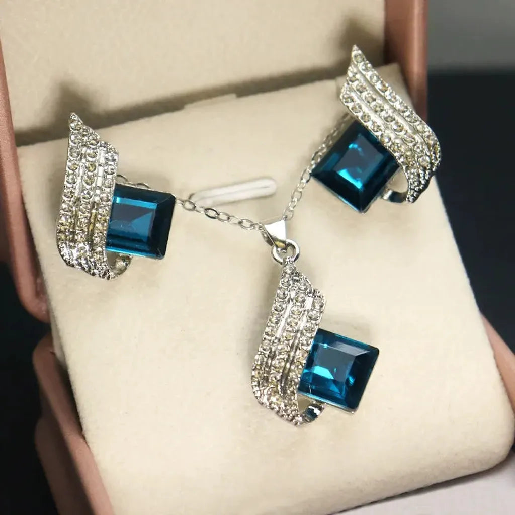 Claudia - Blue Square Stone Necklace and Earrings Set