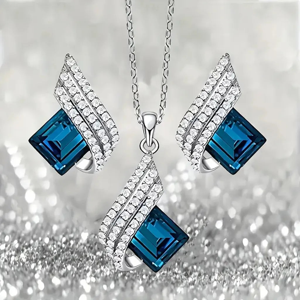 Claudia - Blue Square Stone Necklace and Earrings Set