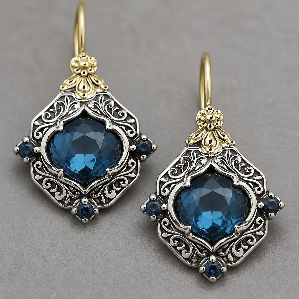 Nina - Blue Stone Two-Tone Earrings