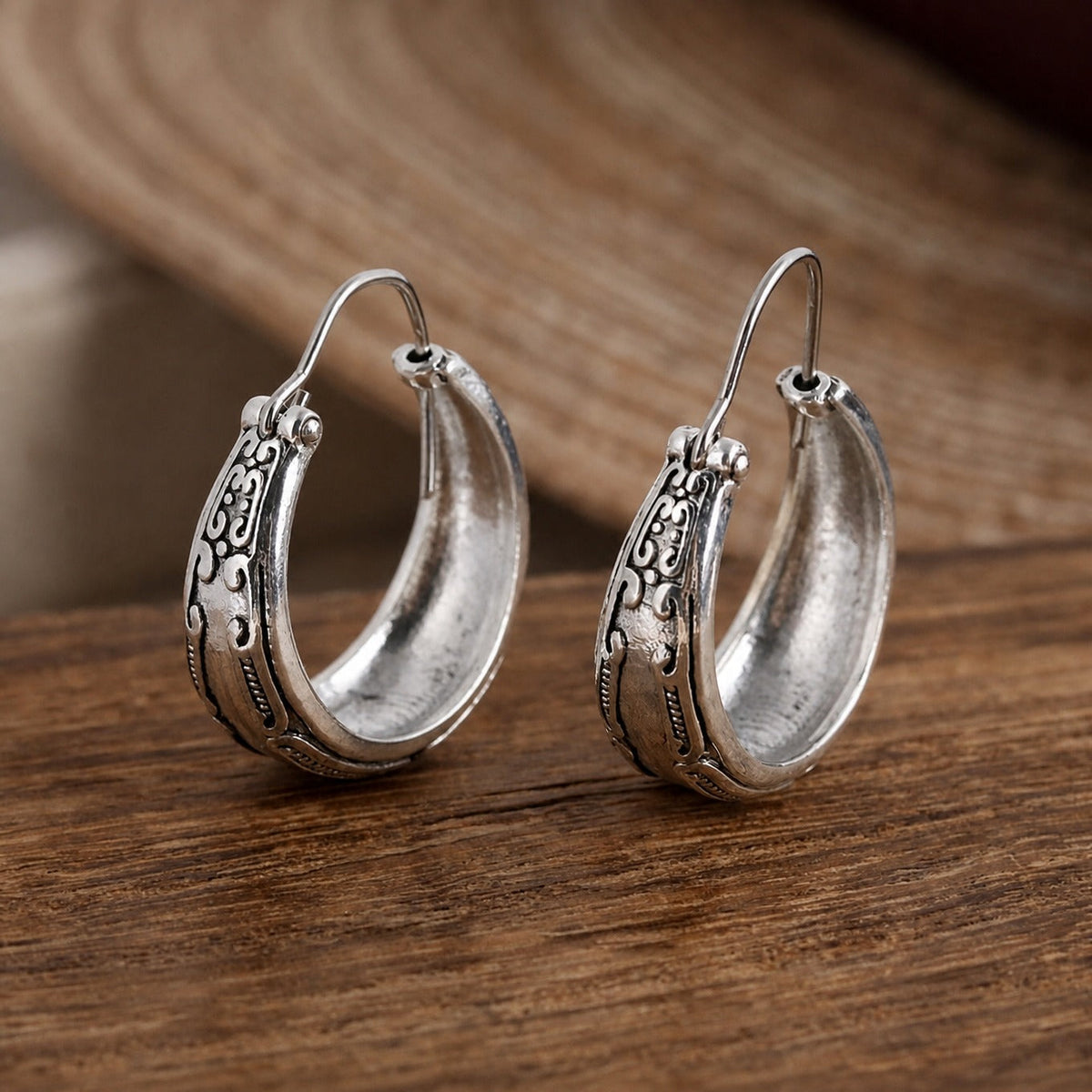 Elise - Engraved Silver Hoop Earrings